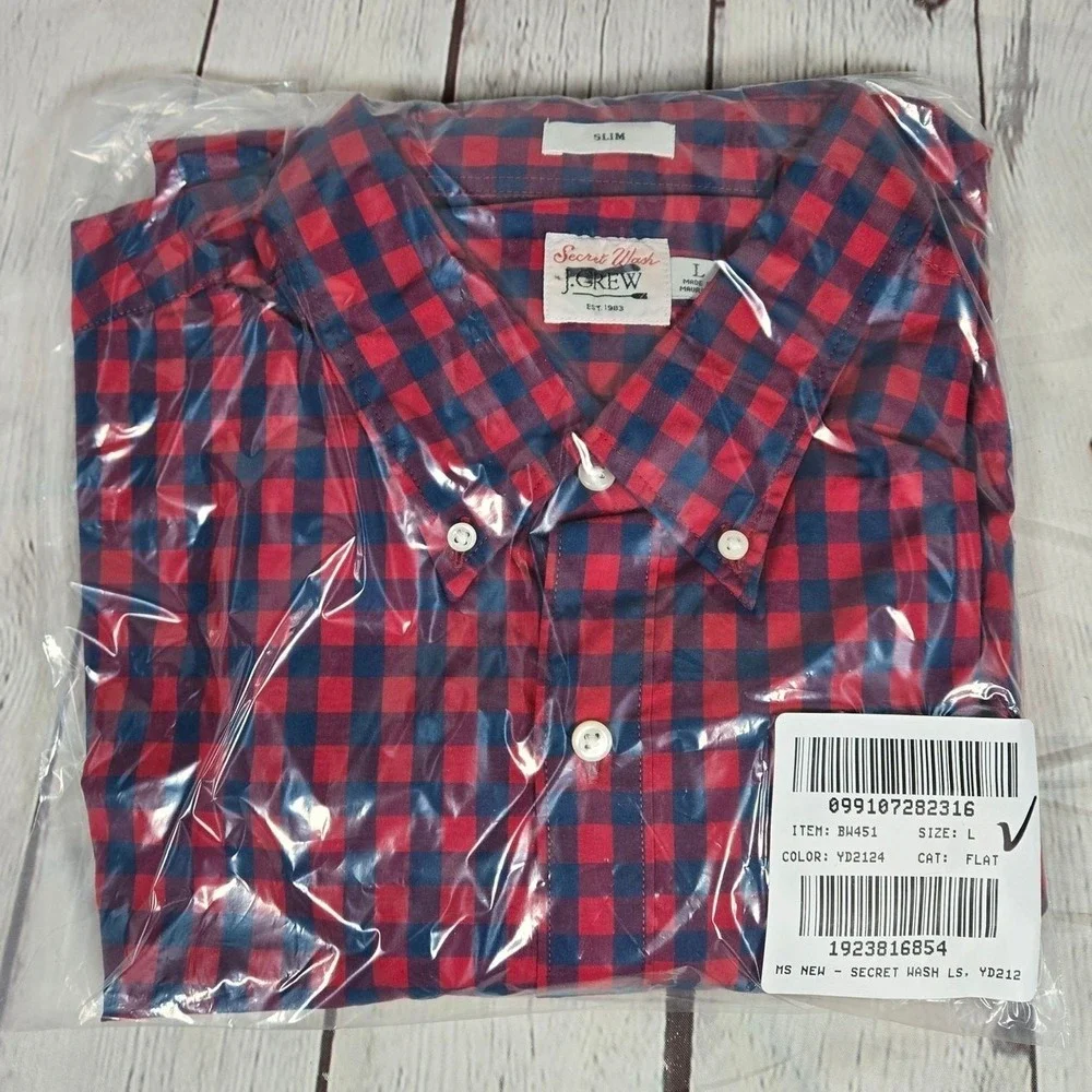 J. Crew Slim Secret Wash cotton poplin shirt L Bleecker‎ Gingham Navy Red NIB